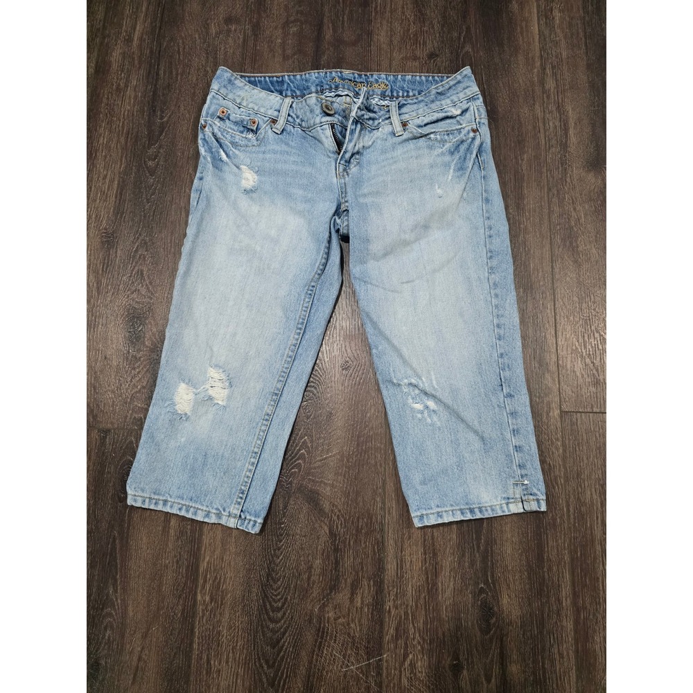 Y2K American Eagle AE Artist Crop Jeans Light Wash Distressed Denim Capris 4Reg